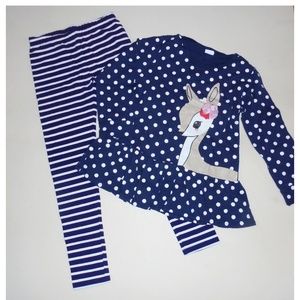 Girls Navy Dot Deer Top Striped Leggings  8 NEW